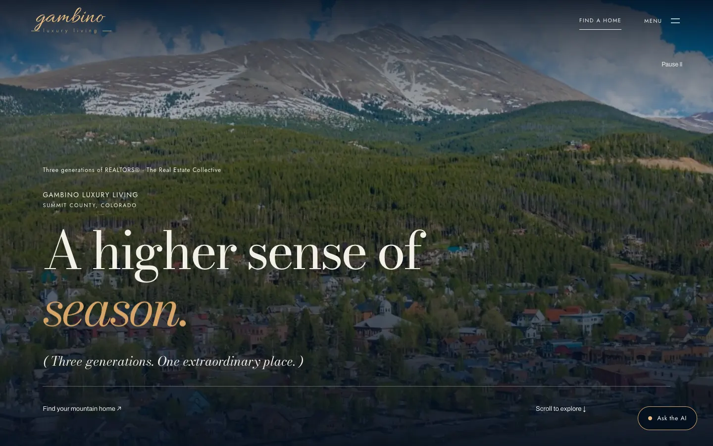 Gambino Luxury Living home page: Breckenridge and the peaks behind it under the headline A higher sense of season